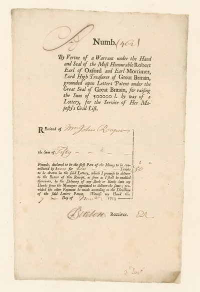 Kuitti vuoden 1713 kansalaisluettelon lotosta tekijältä English School