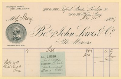 Kuitti John Lewis & Co:lta, 14. marraskuuta 1896 tekijältä English School