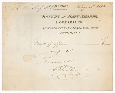 Kuitti John Sharpelta, kirjakauppiaalta, nuorisokirjastosta, Lontoon museosta, Piccadillysta, Lontoosta tekijältä English School