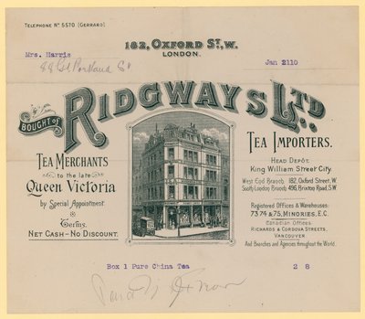 Kuitti Ridgwaysiltä, teen maahantuojilta, 182 Oxford Street, Lontoo tekijältä English School
