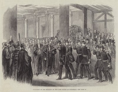 Lord Mayorin belgialaisten vastaanotto Guildhallissa (kaiverrus) tekijältä English School
