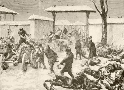 Kuolleiden palauttaminen Plevnan piirityksen jälkeen, Bulgariassa vuonna 1877 (litho) tekijältä English School
