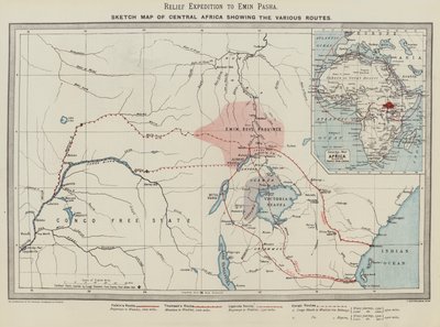 Relief Expedition to Emin Pasha, luonnoskartta Keski-Afrikasta, joka näyttää eri reitit (väri litho) tekijältä English School