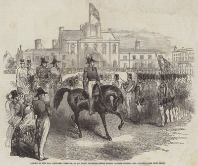 Hänen kuninkaallisen korkeutensa prinssi Albert, kenraalikapteeni ja eversti arvostelu Honorable Artillery Companysta (kaiverrus) tekijältä English School