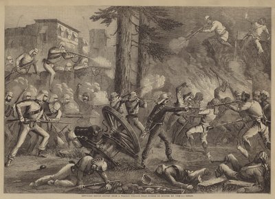 60th Rifles ajaa kapinallisia Sepoyja muureista kylästä lähellä Guznee de Nuggeria (kaiverrus) tekijältä English School