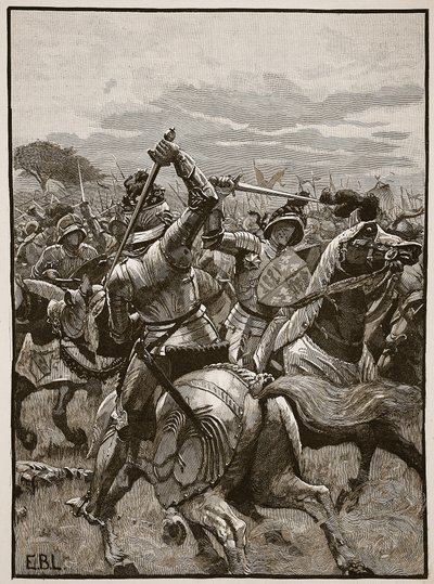 Richard III Bosworthin taistelussa, kuvitus Cassells Illustrated History of Englandista (seepiakuva) tekijältä English School