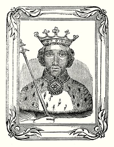 Rikhard II syntyi vuonna 1366, hänet kruunattiin vuonna 1377 ja murhattiin vuonna 1399 (kaiverrus). tekijältä English School