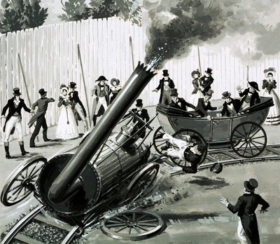 Richard Trevithick rakensi pienen pyöreän rautatien Lontooseen esitelläkseen ihmisiä junamatkustamiseen (guassi paperilla) tekijältä English School