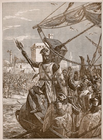 Richard laskeutumassa Jaffaan, kuvitus Cassells Illustrated History of Englandista (seepiakuva) tekijältä English School