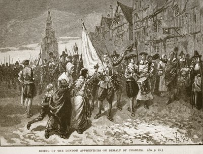 Lontoon oppipoikien nousu Charlesin puolesta, kuvitus Cassells Illustrated History of Englandista (seepiakuva) tekijältä English School