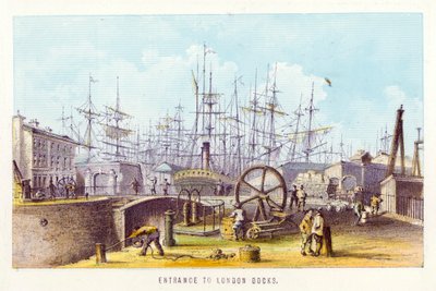 Thames-joki: London Docksin sisäänkäynti (värillinen kaiverrus) tekijältä English School