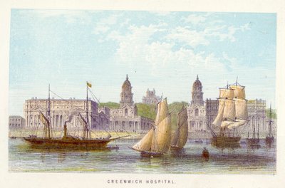 Thames-joki: Greenwich Hospital (värillinen kaiverrus) tekijältä English School