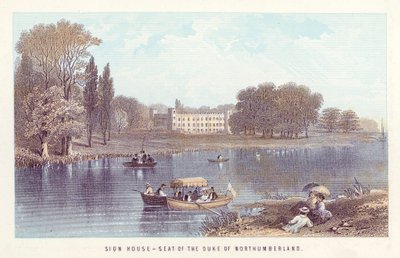 Thames-joki: Sion House - Northumberlandin herttuan istuin (värillinen kaiverrus) tekijältä English School