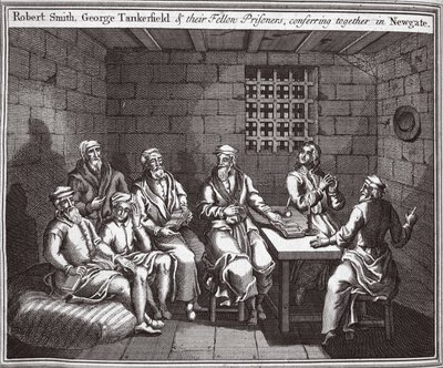 Robert Smith, George Tankerfield ja heidän vankitoverinsa neuvottelemassa Newgatessa, kuva Foxes Martyrsista n. 1703 tekijältä English School