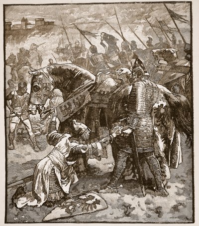 Robert pyytää anteeksi isältään, kuvitus Cassells Illustrated History of Englandista (seepiakuva) tekijältä English School