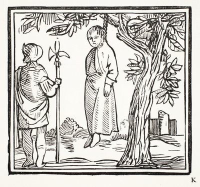 Robert hirttää itsensä, piirros John Ashtonin pubista Chap-books of the Eightenth Century. 1882 tekijältä English School
