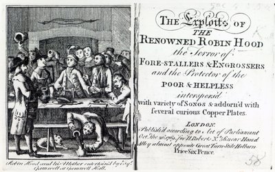 Robin Hoodia ja hänen äitiään viihdyttää Esq Gamnell Gamnell Hallissa, 1769 julkaistun The Exploits of the Reowned Robin Hoodin etukappale (painettu) tekijältä English School