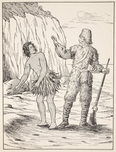 Robinson Crusoe ja Friday, kuvitus teoksesta The Story of Robinson Crusoe: Mukautus lapsille, jotka seuraavat Defoesin kieltä, pub. kirjoittanut Griffith Farran Browne & Co. Limited, Lontoo tekijältä English School
