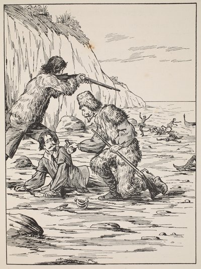 Robinson Crusoe ja perjantai pelastamassa espanjalaista, kuvitus teoksesta The Story of Robinson Crusoe: Mukautus lapsille, jotka seuraavat Defoesin kieltä, pub. kirjoittanut Griffith Farran Browne & Co. Limited, Lo tekijältä English School