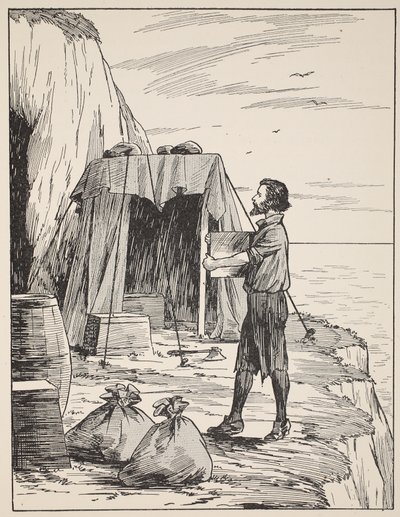 Robinson Crusoe rakentamassa suojaa, kuvitus teoksesta The Story of Robinson Crusoe: Mukautus lapsille, jotka seuraavat Defoesin kieltä, pubi. kirjoittanut Griffith Farran Browne & Co. Limited, Lontoo tekijältä English School
