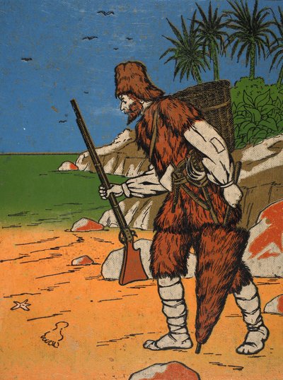 Robinson Crusoe, kuvitus teoksesta The Story of Robinson Crusoe: Mukautus lapsille, jotka seuraavat Defoesin kieltä, pub. kirjoittanut Griffith Farran Browne & Co. Limited, Lontoo tekijältä English School