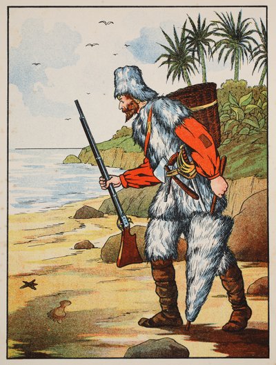 Robinson Crusoe, kuvitus teoksesta The Story of Robinson Crusoe: Mukautus lapsille, jotka seuraavat Defoesin kieltä, pub. kirjoittanut Griffith Farran Browne & Co. Limited, Lontoo tekijältä English School