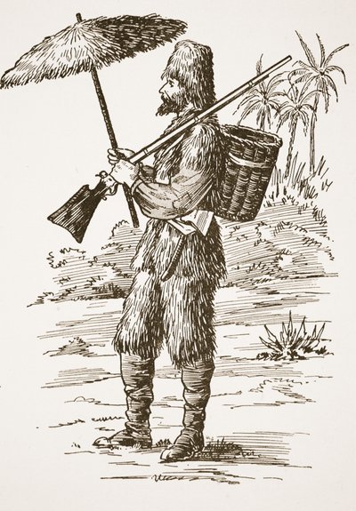 Robinson Crusoe, kuvitus teoksesta The Story of Robinson Crusoe: Mukautus lapsille, jotka seuraavat Defoesin kieltä, pub. kirjoittanut Griffith Farran Browne & Co. Limited, Lontoo tekijältä English School