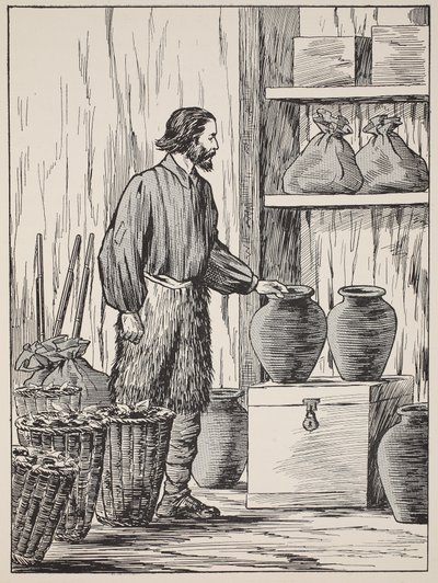 Robinson Crusoe varastossaan, kuvitus teoksesta The Story of Robinson Crusoe: Mukautus lapsille, jotka seuraavat Defoesin kieltä, pub. kirjoittanut Griffith Farran Browne & Co. Limited, Lontoo tekijältä English School