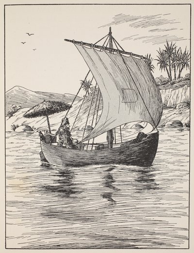 Robinson Crusoe veneessään, kuvitus teoksesta The Story of Robinson Crusoe: Mukautus lapsille, jotka seuraavat Defoesin kieltä, pub. kirjoittanut Griffith Farran Browne & Co. Limited, Lontoo tekijältä English School