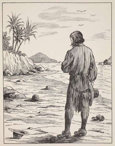Robinson Crusoe saarellaan, kuvitus teoksesta The Story of Robinson Crusoe: Mukautus lapsille, jotka seuraavat Defoesin kieltä, pub. kirjoittanut Griffith Farran Browne & Co. Limited, Lontoo tekijältä English School