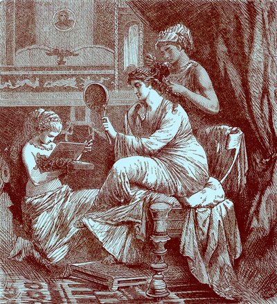 Roomalainen nainen wc:ssä, kuvitus teoksesta The Illustrated History of the World, julkaistu n. 1880 (digitaalisesti paranneltu kuva) tekijältä English School