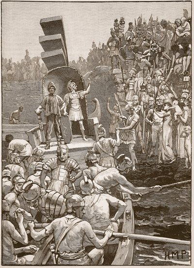 Roomalaiset sotilaat lähtevät Britanniasta, kuvitus Cassells Illustrated History of Englandista (seepiakuva) tekijältä English School