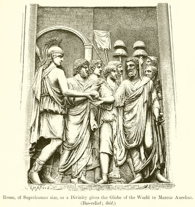 Yli-inhimillisen kokoinen Rooma jumaluutena antaa maailman maapallon Marcus Aureliusille. (Kohokuva; ibid) tekijältä English School