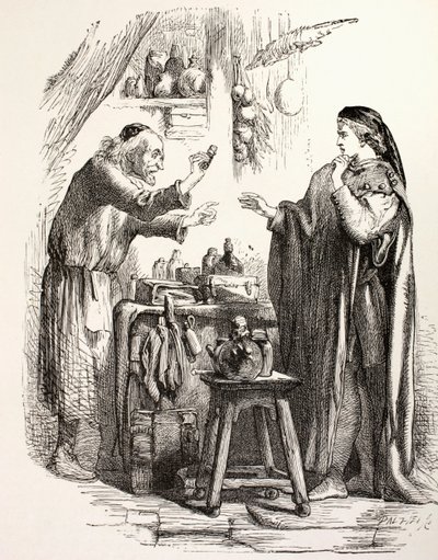 Romeo ostaa myrkkyä apteekista, kuvituksen Romeo ja Julia, "The Illustrated Library Shakespeare", julkaistu Lontoossa 1890 (litho) tekijältä English School