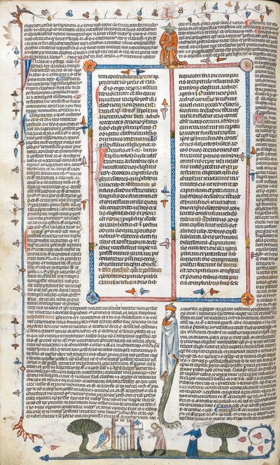 Royal 10 E. IV, f.30v, Teksti ja sivukohtaus miehestä ja naisesta rakennuksen ulkopuolella, elokuvasta "The Smithfield Decretals" (vellum) tekijältä English School