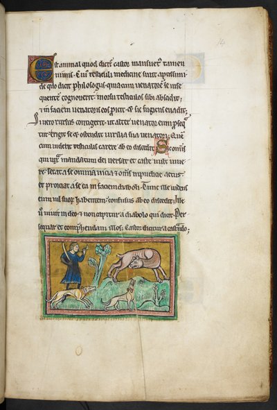 Royal 12 F.XIII, f.14 Susi (?), jonka suusta vuotaa verta, ja metsästäjä koirien kanssa, Rochester Bestiarysta, 1200-luvun toiselta neljännekseltä tekijältä English School
