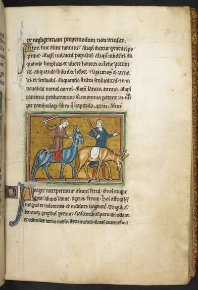 Royal 12 F.XIII, f.39   Kaksi miestä ja kaksi miestä aasilla. , Bestiarysta (ff. 3-141), Lapidarysta (ff. 141v-149)  , 1200-luvun toinen neljännes (vellum) tekijältä English School