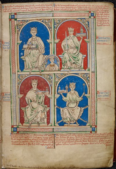 Royal 14 C. VII, f.9 Englannin neljä kuningasta: Henrik II, Richard I, Johannes ja Henrik III Westminster Abbeyn kanssa, Historia Anglorumista tekijältä English School
