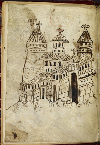 Kuninkaallinen 15 A. XVI romaaninen rakennus, jossa on kolme tornia (muste vellum) tekijältä English School