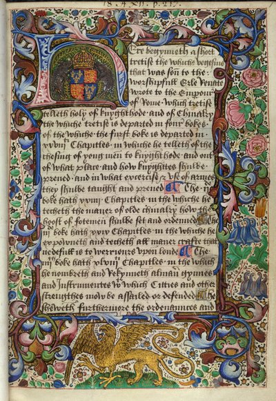 Royal 18 A. XII fol.1 Valaistu alkukirjain "H" Richard III:n vaakunalla, jota reunustavat kaksi karjua, "De re militari" tekijältä English School