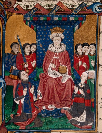 Kuninkaallinen 18 D. II fol.6, kuningas Edward IV hovimiesten ympäröimänä Sir William Herbert ja hänen vaimonsa Anne Devereux, jotka pukeutuvat vaakunain koristeltuihin vaatteisiin, polvistuivat hänen edessään (kirja 1) tekijältä English School