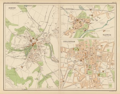 Royal Atlas, s. 1900: Buxton; Warwick; Cheltenham (väri litho) tekijältä English School