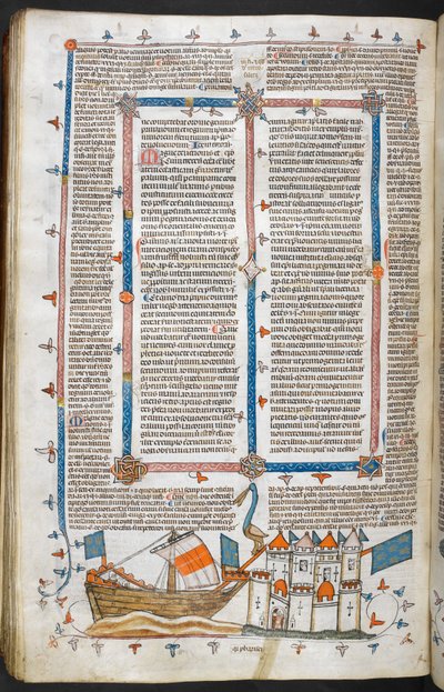 Royal MS 10 IV f.208v Laivaston hyökkäys ja marginaalikoristelu, kuvitus teoksesta "The Smithfield Decretals" (vellum) tekijältä English School