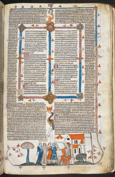 Royal MS 10 IV f.240r Kuningas puolustamassa palatsiaan ja reunakoristeita, kuvitus Smithfield Decretalsista (vellum) tekijältä English School