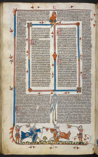 Royal MS 10 iv f.065v Knights Turnajaiset marginaalikoristeella, kuvitus Smithfield Decretalsista (vellum) tekijältä English School