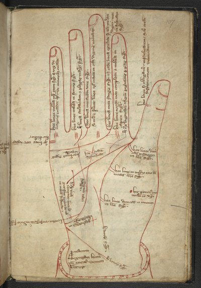 Royal MS 12 C XII f.107r Käsien lukeminen, keskiaikaisessa sekalaisessa (muste vellum) tekijältä English School
