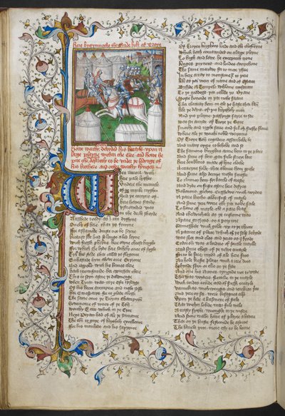 Royal MS 18 D II, f.66v, miniatyyri, jossa Hector tappaa Patrokluksen, valaistu alkukirjaimella 