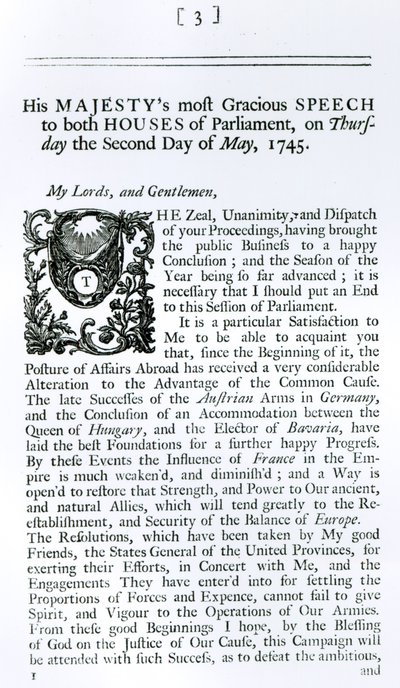 Kuninkaallinen puhe parlamentin molemmissa taloissa, 2. toukokuuta 1745 (tulostus) tekijältä English School