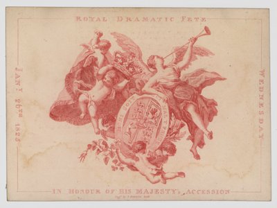 Dramaattiset kuninkaalliset juhlat kuningas Yrjö IV:n liiton vuosipäivän kunniaksi 26. tammikuuta 1825 (värinen kaiverrus) tekijältä English School