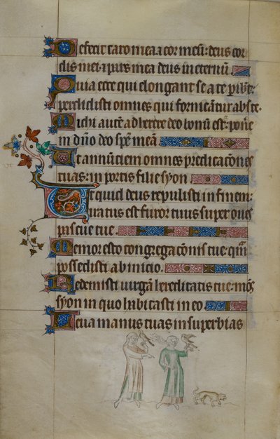 Royal ms 2_B VII f.177v Bas-de-page kohtaus kahdesta naisesta, jotka kantavat haukkoja ja pienestä koirasta heidän edessään, asutulla alkukirjaimella, kuvitus "Kuningatar Maria Psalterista" tekijältä English School